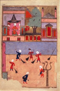 Strona zamiatacza ulic zaczerpnięta z pseudonimu-i Humajun (nazwisko i Humajun) lub „Księga świąteczna” (ms. hazine 1344, k. 341 a) zilustrowana przez Osmana. około 1582 (Stambuł) Stambuł, Topkapi Seray autorstwa Mughal School Osman