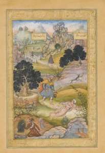 Muzułmański pielgrzym uczy się lekcji pobożności od bramina, folio od Khamsy..., 1597-98 autorstwa Muhammad Husain Kashmiri
