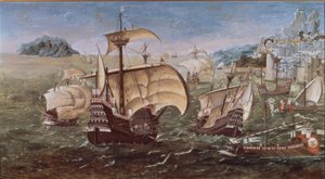 PORTUGALSKIE ŁODZIE NA SKALISTYM WYBRZEŻU - XVI WIEK -O / L - 78 × 144 - KOPIA ORYGINAŁU MUZEUM GREENWICH autorstwa Munday John