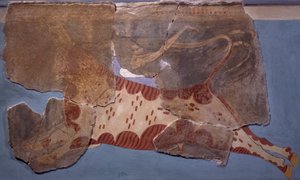 Scena walki byków, fresk z pałacu Tirinto, cywilizacja mykeńska autorstwa Mycenaean