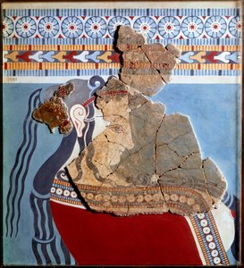 Sztuka mykeńska: popiersie kobiety. Fragment fresku z pałacu Tiryns i rekonstrukcja autorstwa Mycenaean
