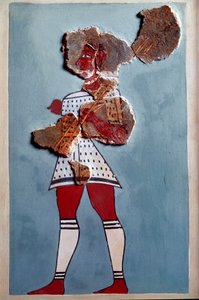Sztuka mykeńska: wojownik. Fragment fresku z pałacu Tiryns i rekonstrukcja autorstwa Mycenaean