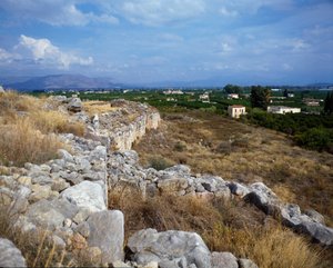 Ruiny twierdzy cytadeli: miejsce starożytnego miasta Tirynthe, około 1200 pne. Grecja autorstwa Mycenaean