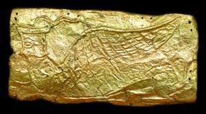 Złota osłona na szklaną tabliczkę w kształcie wazonu autorstwa Mycenaean