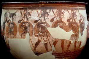 Cywilizacja myceńska: krater zwany Wojownikami. Od kręgu grobowców A do Mycenów. XII wiek p.n.e. Ateny, Narodowe Muzeum Archeologiczne - Sztuka cywilizacji mykeńskiej: krater zwany kraterem Warriors. Z kręgu grobu A w Mykenach. XII wiek