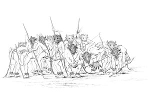 Indiańscy myśliwi tańczący w maskach bawołów, 1841.