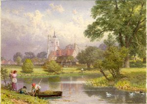 Elstow, Bedfordshire (miejsce urodzenia Johna Bunyana) (bc i wc na karcie) autorstwa Myles Birket Foster