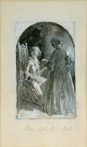 „Emma biorąc kęs z twardej ręki Madelaine” (bc, ołówek i wc na papierze) autorstwa Myles Birket Foster
