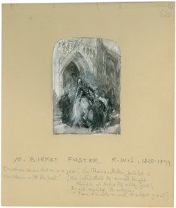 Jego zmęczony rumak, uzbrojony rycerz, wjechał przed bramę opactwa" (bc, ołówek i wc na papierze) autorstwa Myles Birket Foster
