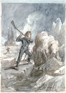 Nelson spotykający niedźwiedzia, ok. 1854 r. (szara farba, podkreślona bielą, akwarela, grafit) autorstwa Myles Birket Foster