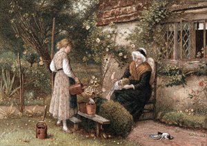 Młodość i wiek. Chromolitografia według obrazu Mylesa Birketta Fostera (1825-1899), angielskiego artysty, opublikowana w Londynie w 1866 roku. Babcia w koronkowym czepku siedząca w przydomowym ogrodzie z dwójką wnucząt. Dziewczynka używa konewki do podlewa autorstwa Myles Birket Foster