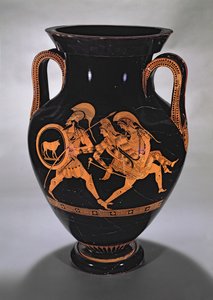 Czerwona amfora brzuszna na strychu przedstawiająca porwanie Antiope z Tezeuszem i Pirithousem, ok. 500-490 p.n.e. (ceramika) autorstwa Myson