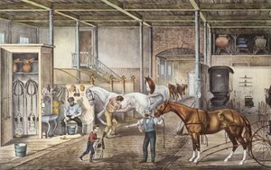Modelowa stajnia, w której chłopcy i stajenni naprawdę zajmują się końmi, rycina z książki "America" Curriera i Yvesa z 1870 r. autorstwa N. and Ives J.M. (1824 95) Currier