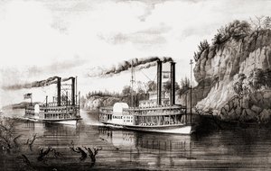 Parowce ścigające się na rzece Missisipi, USA. autorstwa N. and Ives J.M. Currier