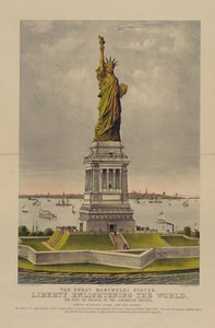 Statua Wielkiego Bartholdiego, Wolność oświecająca świat, Dar Francji dla narodu amerykańskiego, c.1885 (chromolitografia) autorstwa Currier and Ives