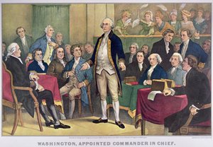 George Washington (1732-99) mianowany naczelnym dowódcą, opublikowany 1876 (kolor lito) autorstwa Currier and Ives