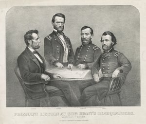 Prezydent Lincoln w Genl. Siedziba Granta, c.1865 (litografia) autorstwa Currier and Ives