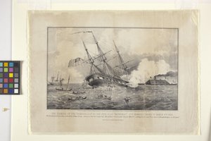 Zatonięcie Cumberland przez pancernik „Merrimack” (litografia)