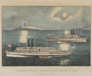 Parowce przepływające o północy na Long Island Sound autorstwa Currier and Ives