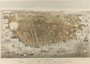 Miasto San Francisco – widok z lotu ptaka z zatoki, patrząc na południowy zachód autorstwa Currier and Ives