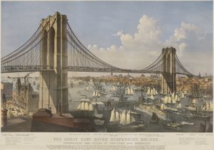 Most wiszący Great East River: łączący miasta Nowy Jork i Brooklyn autorstwa Currier and Ives