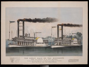 Wielki wyścig na Missisipi z Nowego Orleanu do St. Louis 1210 mil. Pomiędzy parowcami Robt. E. Lee... i Natchez.... Wygrał R.E. Lee