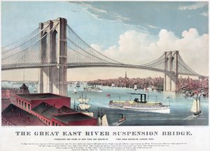 Wielki most wiszący East River, ok. 1883 (kolorowa litografia) autorstwa Currier and Ives