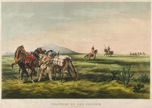 Traperzy na prerii / Pokój czy wojna? 1866 (litografia kolorowa) autorstwa Currier and Ives