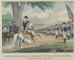 Waszyngton przejmując dowództwo Armii Amerykańskiej w Cambridge, Massachusetts w dniu 3 lipca 1775 r autorstwa Currier and Ives