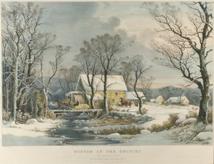 Zima na wsi, stary młyn przemiałowy autorstwa Currier and Ives