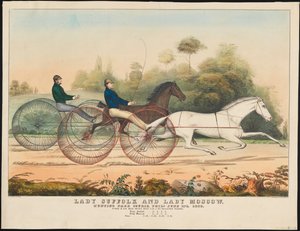 Lady Suffolk i Lady Moscow, Hunting Park Course, Filadelfia, 13 czerwca 1850 r. (litografia ręcznie kolorowana) autorstwa N. and Ives, J.M. Currier