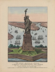 Statua Wielkiego Bartholdiego – Wolność oświecająca świat, 1885 (litografia ręcznie kolorowana) autorstwa N. and Ives, J.M. Currier