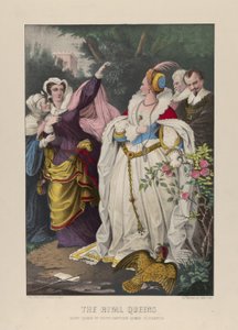 Konkurencyjne królowe, Maria królowa Szkotów przeciw królowej Elżbiecie, 1857-72 (ręcznie kolorowana litografia) autorstwa N. and Ives, J.M. Currier