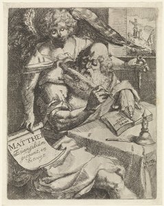 Ewangelista Mateusz Matthei Evangelium otwiera i kłóci się (tytuł na obiekcie) Strona tytułowa dla: S. van Til, Het euangelium des H. Apostles Matthæi (...) otwarta krótkimi notatkami, 1687 autorstwa N. van Til