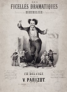 Portret Jeana Bertheliera (1830-1888) trzymającego synów marionetek. Album „Les Ficelles Dramatiques deroulees Berthelier de l