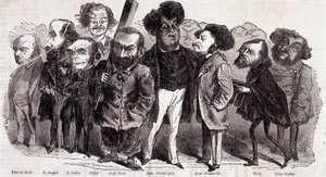 Portrety pisarzy Paula de Kocka (1793-1871), Emile Augier (1820-1889), Eugene Scribe (1791-1861), Felixa Nadara, Alphonse Karra (1808-1890), Alexandre Dumas pere (1802-1870) i Alexandre Dumas Jr. (1824-1895), Joseph Mery (1798-1866) i Leon Gozan (1803-1 autorstwa Nadar