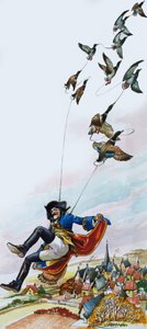 Baron Munchausen porwany przez kaczki (gwasz na papierze) autorstwa Nadir Quinto
