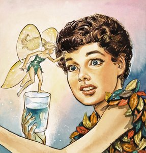 Piotruś Pan i Dzwoneczek, ilustracja z "Piotrusia Pana" J.M. Barrie (gwasz na papierze) autorstwa Nadir Quinto