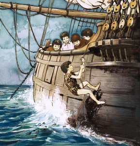 Piotruś Pan wspinający się na pokład, ilustracja z "Piotrusia Pana" J.M. Barrie (gwasz na papierze) autorstwa Nadir Quinto