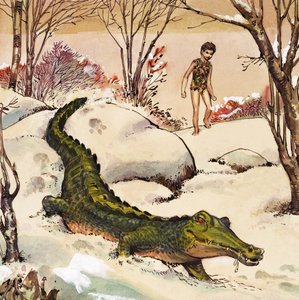 Piotruś podąża za krokodylem, ilustracja z "Piotrusia Pana" J.M. Barrie (gwasz na papierze)