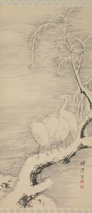 Czaple na śniegu, ca. 1840. autorstwa Nakabayashi Chikuto