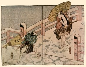 Boso mężczyźni z parasolkami na śniegu, 1811, 1924. autorstwa Naniwa Shunkosai