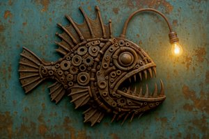 Lampa w stylu steampunkowym z motywem żabnicy autorstwa Natalie Bruns