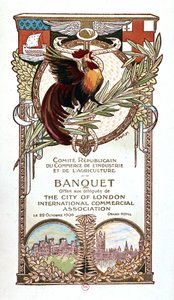 Kogut i pomniki, menu bankietowe Republikańskiej Komisji ds. Handlu, Przemysłu i Rolnictwa ofiarowane 22.11.1906 delegatom międzynarodowego stowarzyszenia handlowego City of London autorstwa Nathan Weill