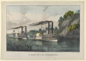 Wyścig na Missisipi, 1870., 1870. Twórcy: Nathaniel Currier, James Merritt Ives, Currier i Ives. autorstwa Currier and Ives