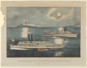 Parowce przechodzące o północy - On Long Island Sound, 1872-74., 1872-74. Twórcy: Nathaniel Currier, James Merritt Ives, Currier i Ives. autorstwa Currier and Ives