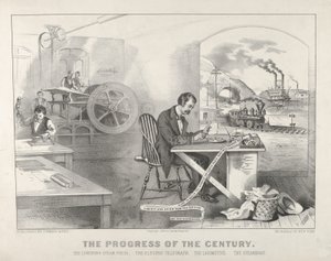 Postęp stulecia - Błyskawiczna prasa parowa. Telegraf Elektryczny. Locom..., 1876. Twórcy: Nathaniel Currier, James Merritt Ives, Currier i Ives.