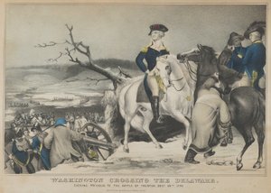 Waszyngton przekraczający wieczór Delaware Przed bitwą pod Trenton, 25 grudnia..., 1847 r. autorstwa Nathaniel Currier