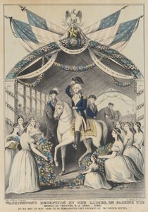 Przyjęcie waszyngtońskie przez damy na przejściu przez most w Trenton, N.J., kwiecień 1789, ..., 1845. autorstwa Nathaniel Currier