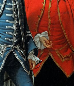 James Grant of Grant, John Mytton, Honorable Thomas Robinson i Thomas Wynne, ok. 1760 detal z 162478 olej na płótnie autorstwa Nathaniel Dance Holland